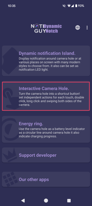 Tapping on "Interactive Camera Hole" option in NotiGuy app.