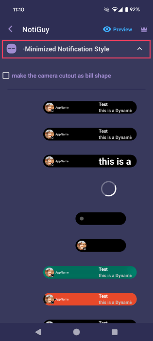 Tapping on "Minimized Notification Style" option in NotiGuy app.