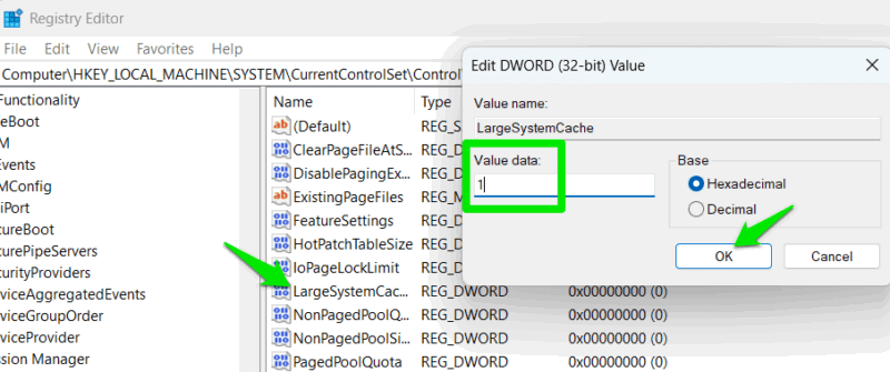 Editing Windows Registry to enable largecachesize