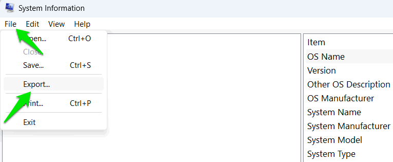 WIndows System Information tool file menu