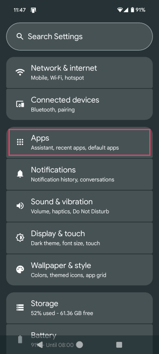 Tapping "Apps" in Android Settings.