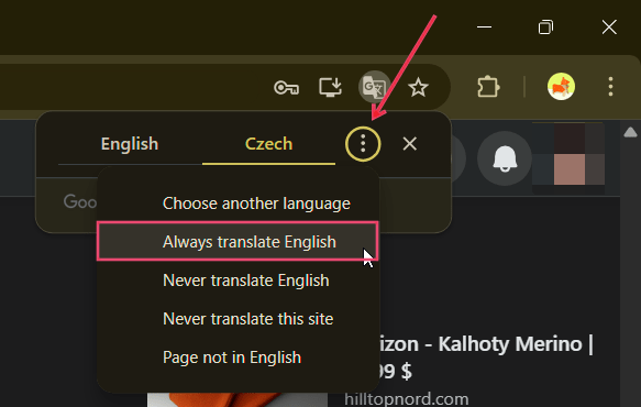 Selecting the option to "Always translate English" in Chrome browser while viewing Facebook. 