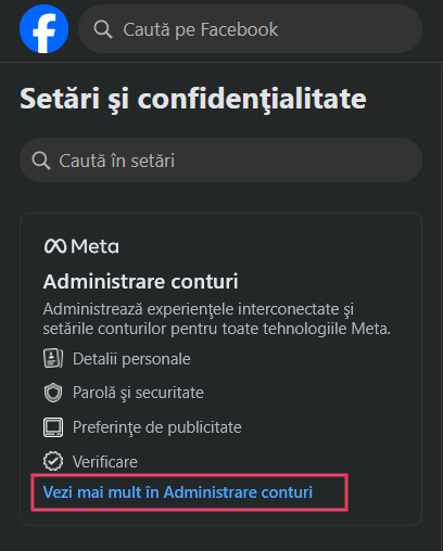 Clicking on "See more in Accounts Center" option in Facebook on PC.