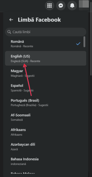 Selecting a new Facebook app language on PC. 