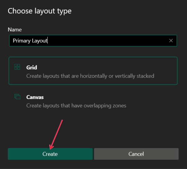 Choosing a custom layout type in FancyZones.