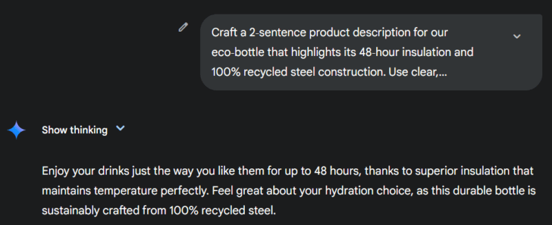 Gemini giving a short description of a water bottle