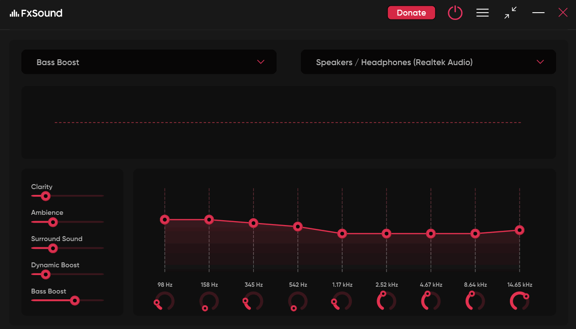 Main interface of FxSound showing bass boost preset