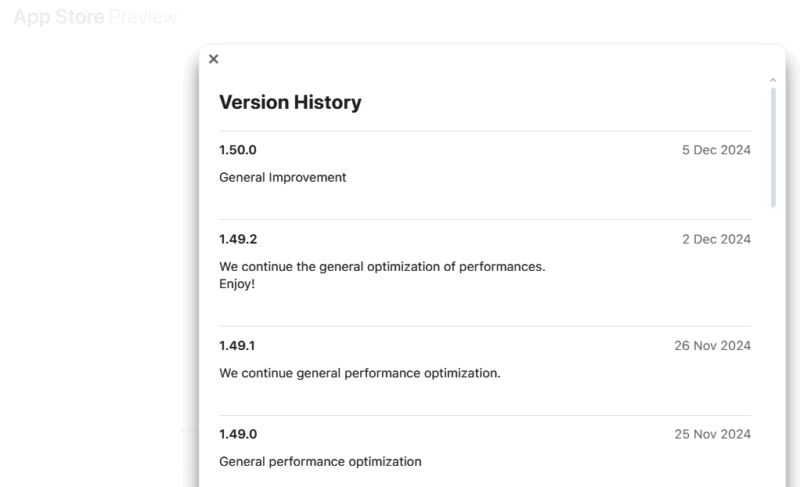 A games update history on Apple App Store