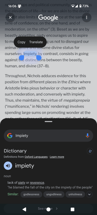 Searching for English term using Google's Circle to Search. 