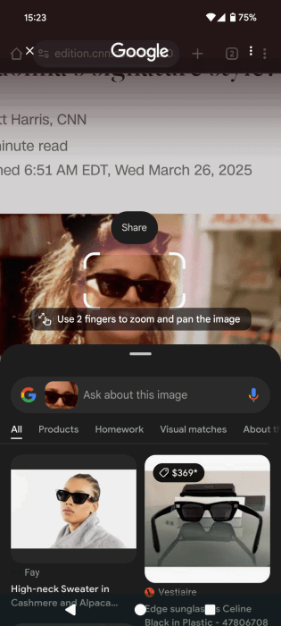 Searching for sunglasses using Google's Circle to Search. 