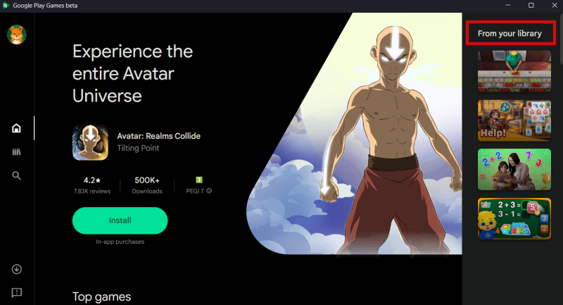 "From your library" section visible in Google Play Games on PC.