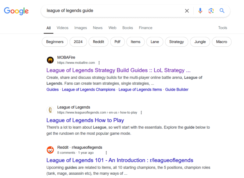 search of league of legends in Google Search showing results