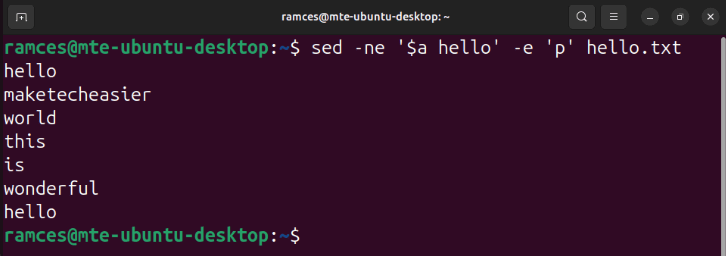 A terminal showing the process of adding a single line of text at the end of a sed stream.