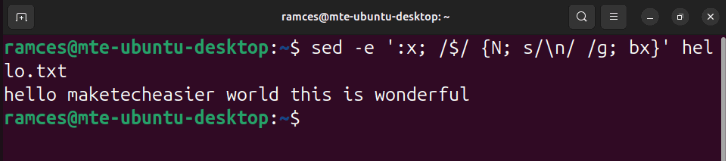 A terminal showing the process of stripping newline characters using sed labels in loops.