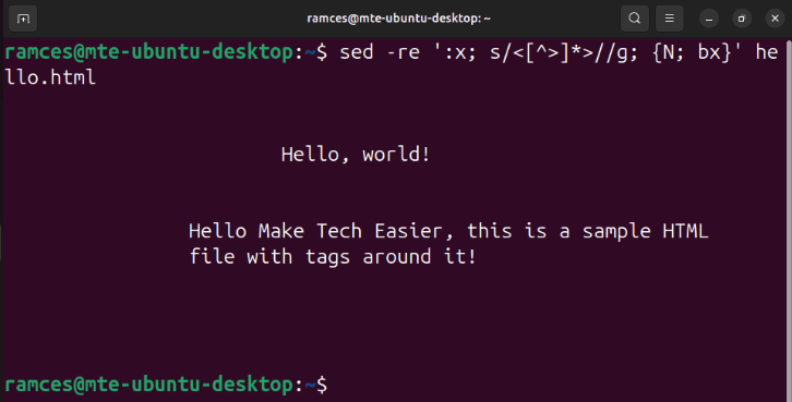 A terminal showing sed removing the HTML tags in a file using loops.