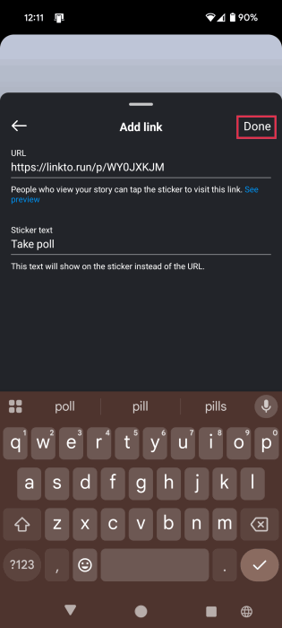 Adding link from Poll Maker to Instagram Story via sticker.