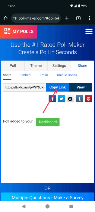 Copying link for poll created in Poll Maker on mobile device. 