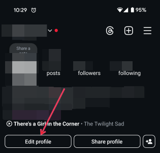 Pressing "Edit profile" button on Instagram profile. 