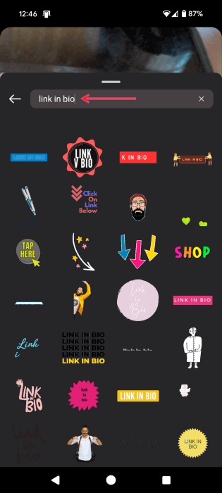 Searching for "Link in bio" in Stickers on Instagram. 