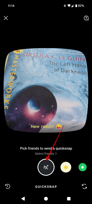 Tapping on shutter button to add people to list to send Quicksnap via Instagram. 