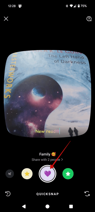 Pressing shutter button to create Quicksnap in Instagram app.