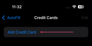 Tapping on "Add Credit Card" option in Safari browser on iPhone.