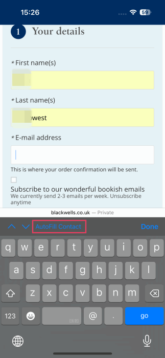 Selecting "Autofill Contact" option when using autofill on iPhone.