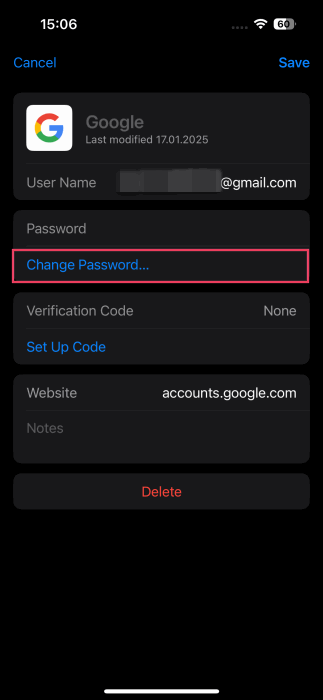 Opting for "Change Password" option in Passwords app on iPhone.