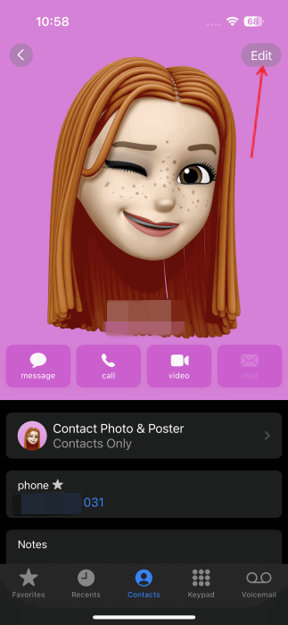 Tapping on "Edit" button for contact on iPhone.