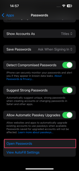 Tapping on "Open Passwords" option in iPhone Settings,