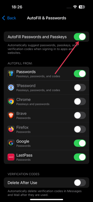 Turning on "Autofill Passwords and Passkey" option in iPhone Settings.