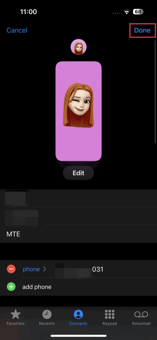 Saving information for contact on iPhone.