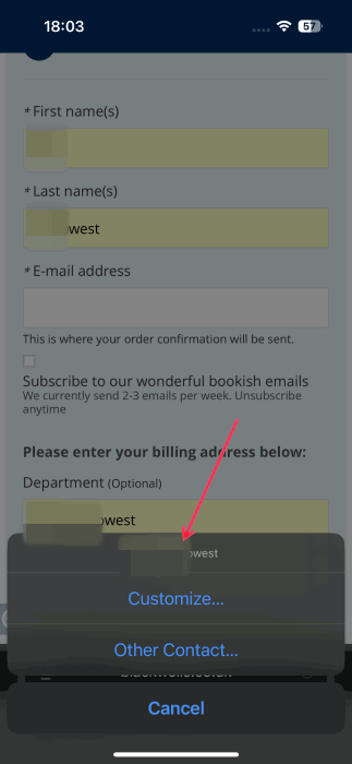 Selecting main autofill option when filling up form on iPhone.