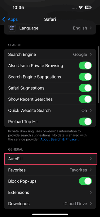 Tapping on "Autofill" option under Safari in iPhone Settings.