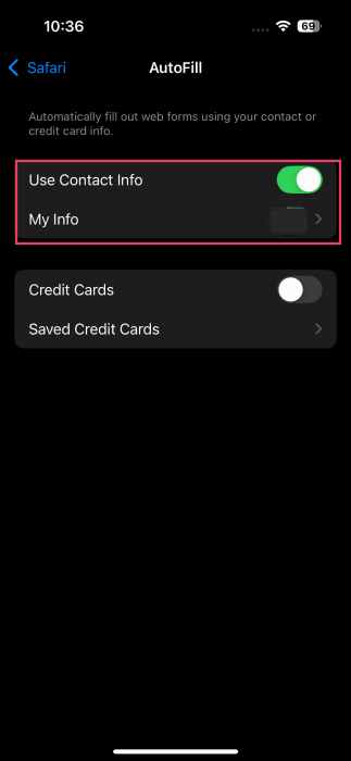 Toggling on "Use Contact Info" and setting "My Info" contact in iPhone Settings.