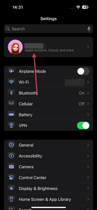 Tapping on Apple Account in iPhone Settings.