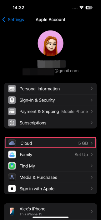 Selecting iCloud option in iPhone Settings.