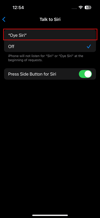 Selecting "Oye Siri" option under "Talk to Siri" in Siri Settings on iPhone. 