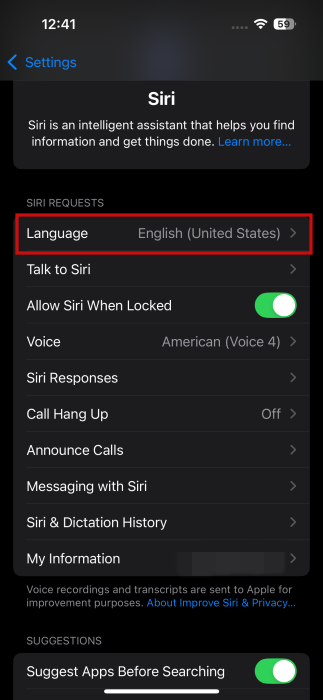 Tapping on "Language" option in Siri settings on iPhone. 