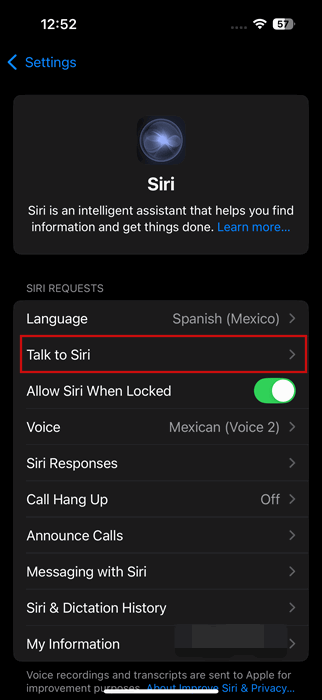 Tapping on "Talk to Siri" option in Siri settings on iPhone. 