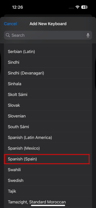 Searching languages when adding new keyboard on iPhone. 