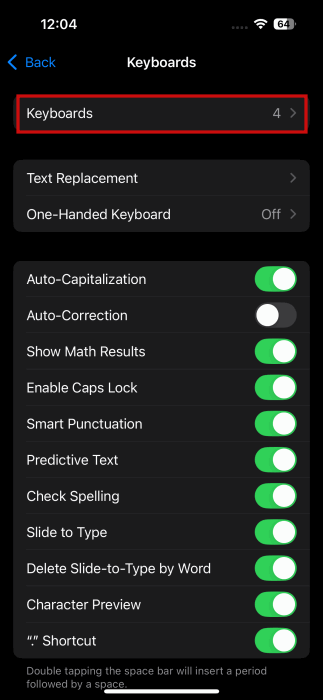 Tapping on "Keyboards" option in iPhone Settings app. 