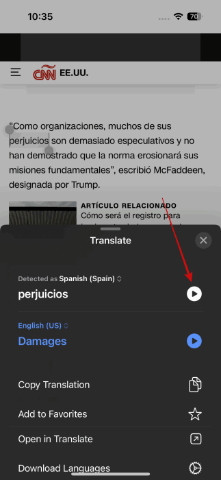 Pronunciation button for foreign word in Safari app on iPhone. 
