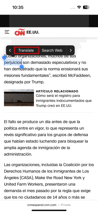 Tapping on the "Translate" option in Safari for foreign word on iPhone. 