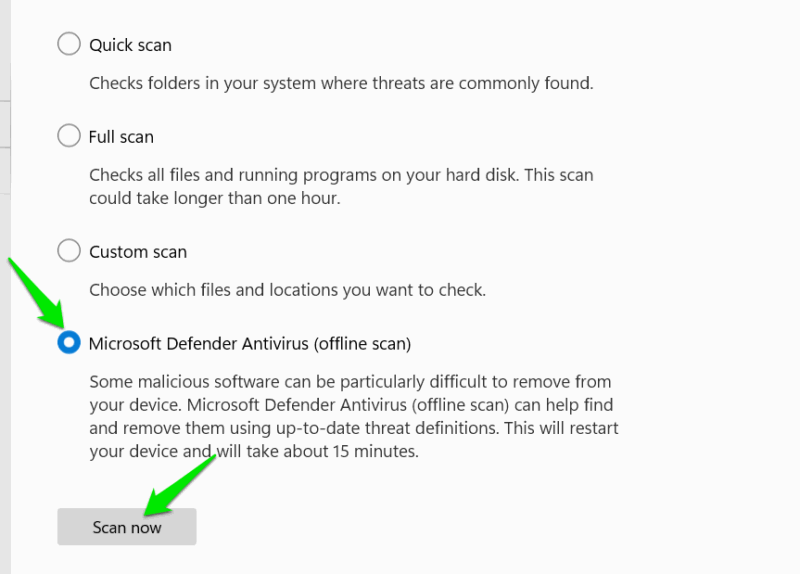 Run offline scan from Windows Security