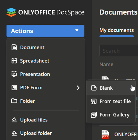 Adding new blank PDF Form in ONLYOFFICE DocSpace.