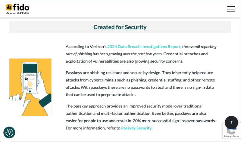 A screenshot showing the FIDO Alliance's webpage on Passkeys.