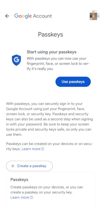 A screenshot of Google's Passkey support screen in Android 13.