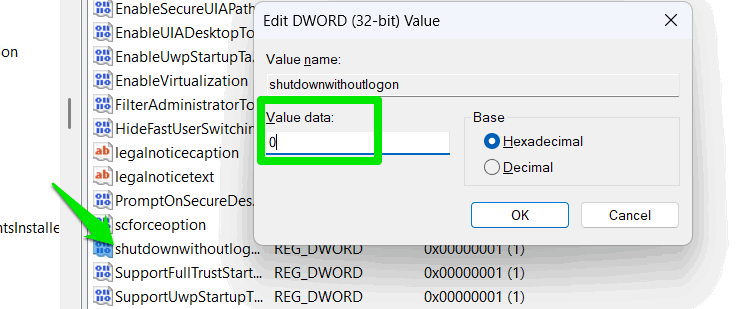 Adding shutdownwithoutlogon value in Windows Registry