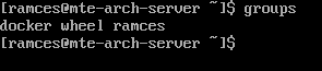 A terminal showing the groups command to check whether the current user can run root commands through sudo.